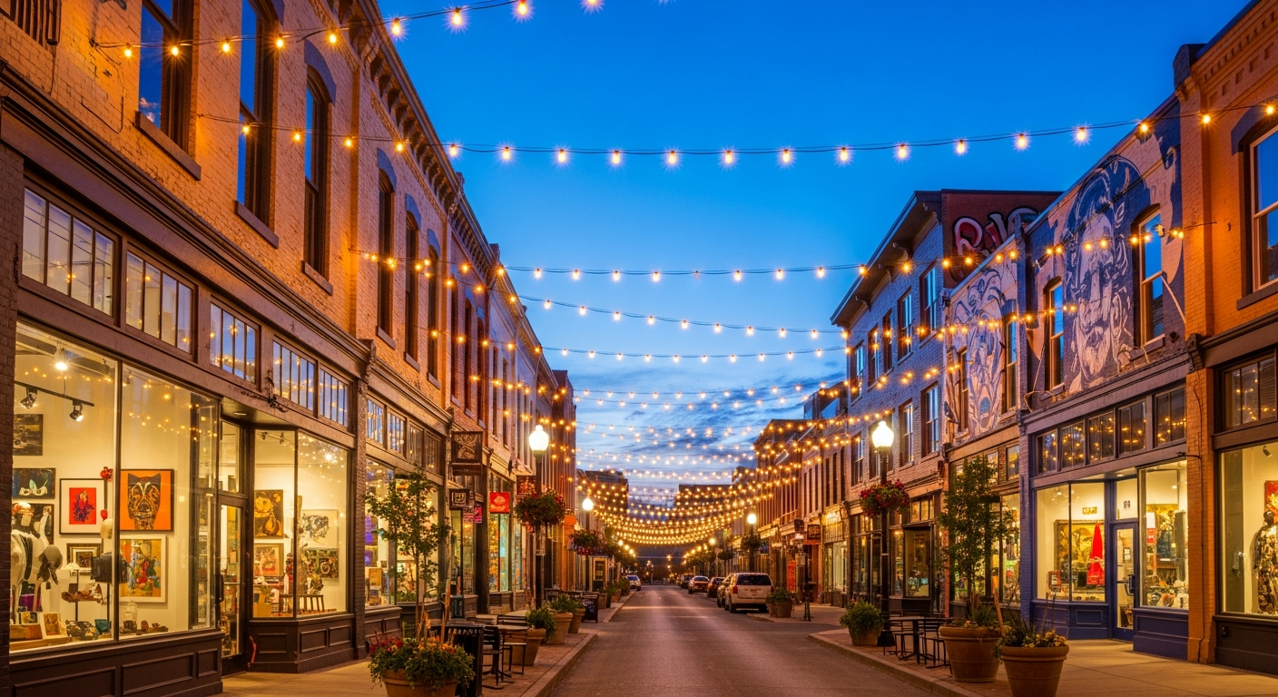 Vibrant Denver arts-district street with galleries, boutiques, and string lights at dusk